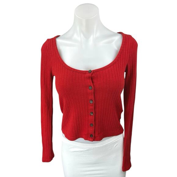 Madewell Red Rib Knit Long Sleeve Button Down Crop Cardigan Sweater Top Size XS - Picture 1 of 4